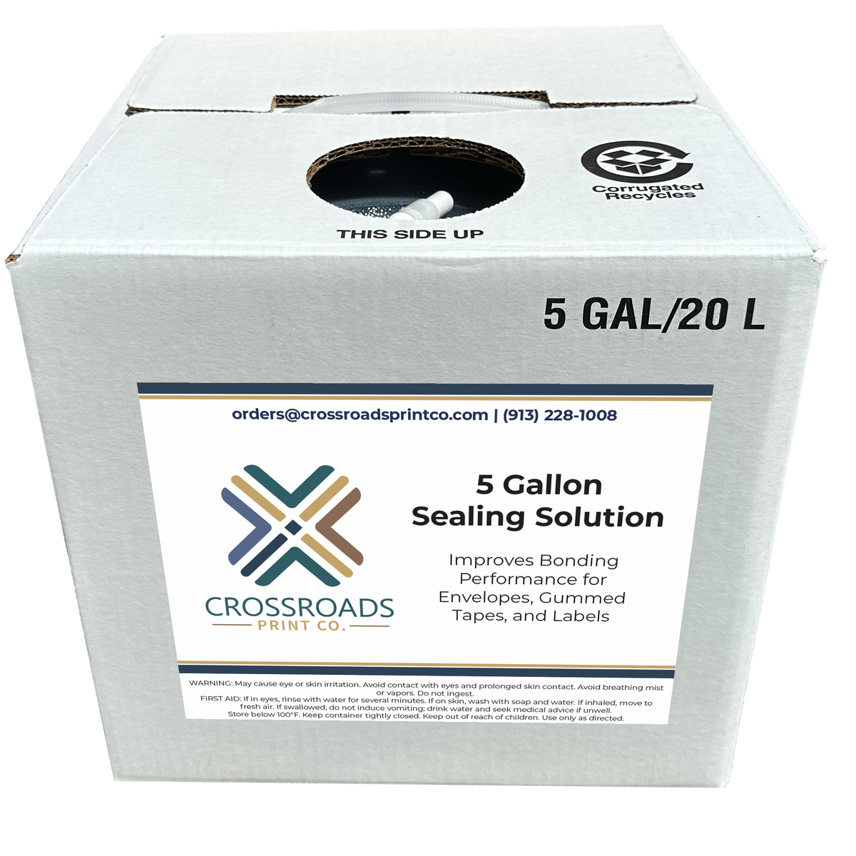 A white cardboard box of Crossroads Print Co. 5 Gallon Sealing Solution, with a large white label on the front and recycling symbols printed on the top surface.