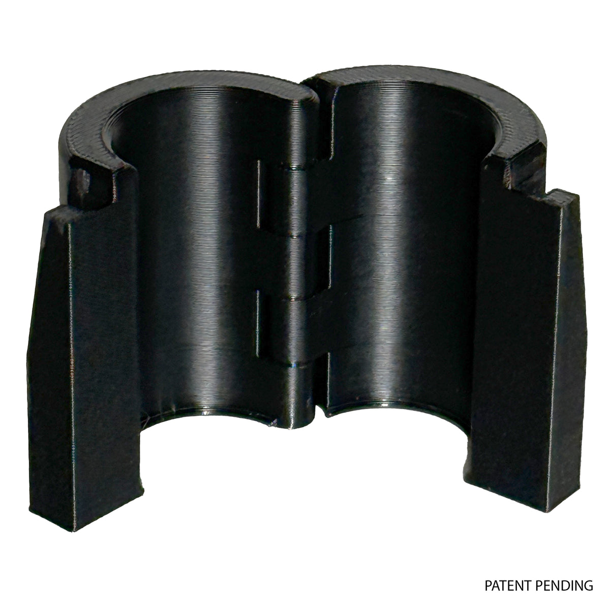 Open hinged adapter showing how it fits around a wire shelving pole.