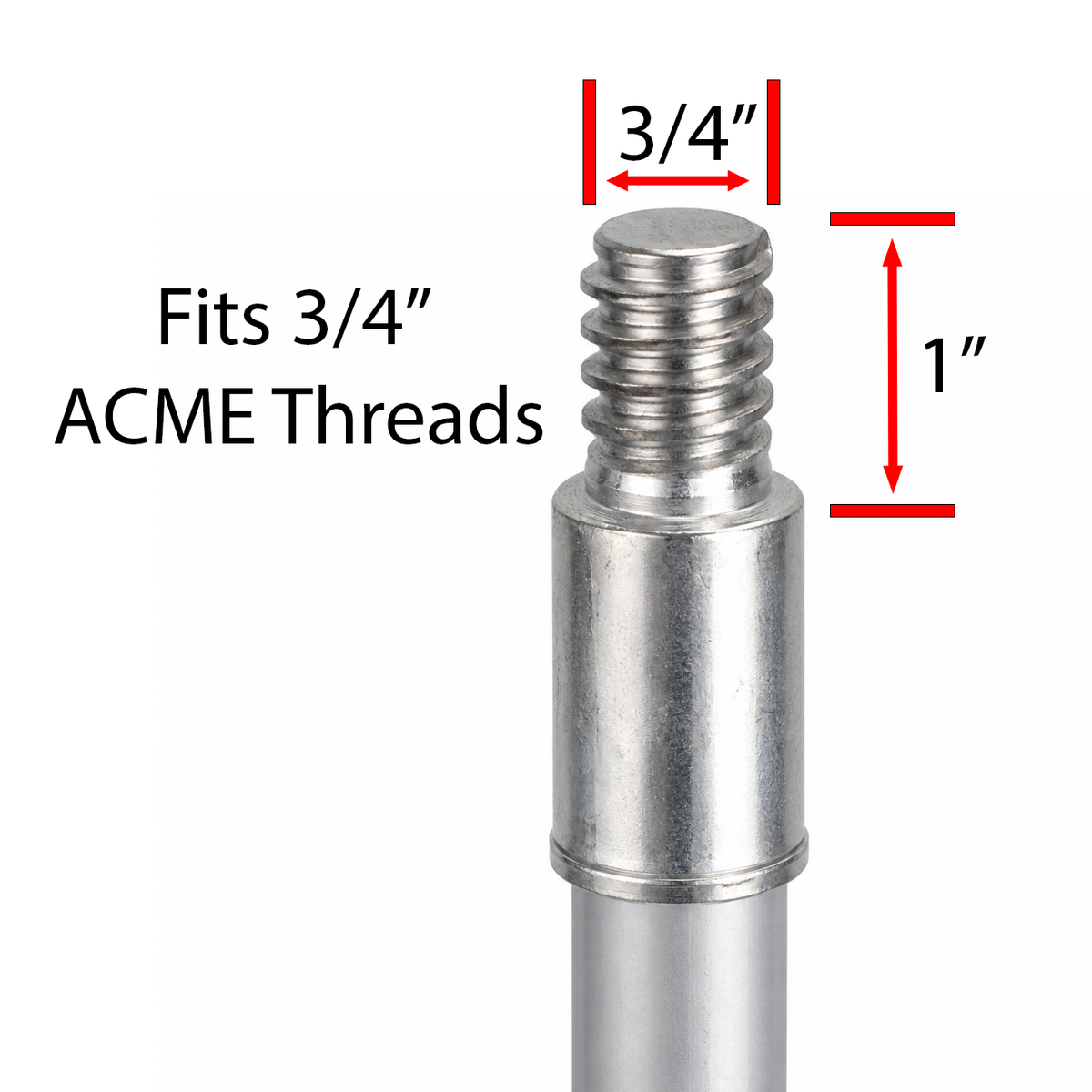 Tip of extension pole with thread sizes