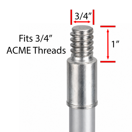 Tip of extension pole with thread sizes