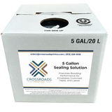 A white cardboard box of Crossroads Print Co. 5 Gallon Sealing Solution, with a large white label on the front and recycling symbols printed on the top surface.