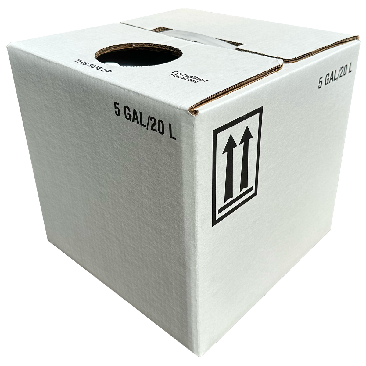 A white 5-gallon shipping box with a circular opening on top, printed with '5 GAL/20 L' and an upward double-arrow handling symbol on a clean white background.