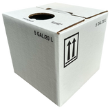 A white 5-gallon shipping box with a circular opening on top, printed with '5 GAL/20 L' and an upward double-arrow handling symbol on a clean white background.