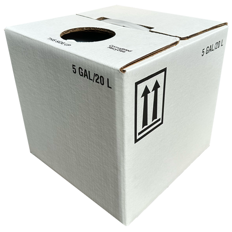 A white 5-gallon shipping box with a circular opening on top, printed with '5 GAL/20 L' and an upward double-arrow handling symbol on a clean white background.