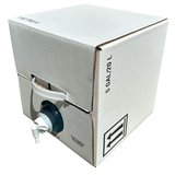 A white cardboard utility box with a built-in handle and a blue plastic spout container attached on the front, photographed on a white background.
