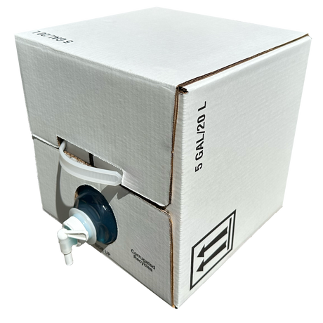 A white cardboard utility box with a built-in handle and a blue plastic spout container attached on the front, photographed on a white background.