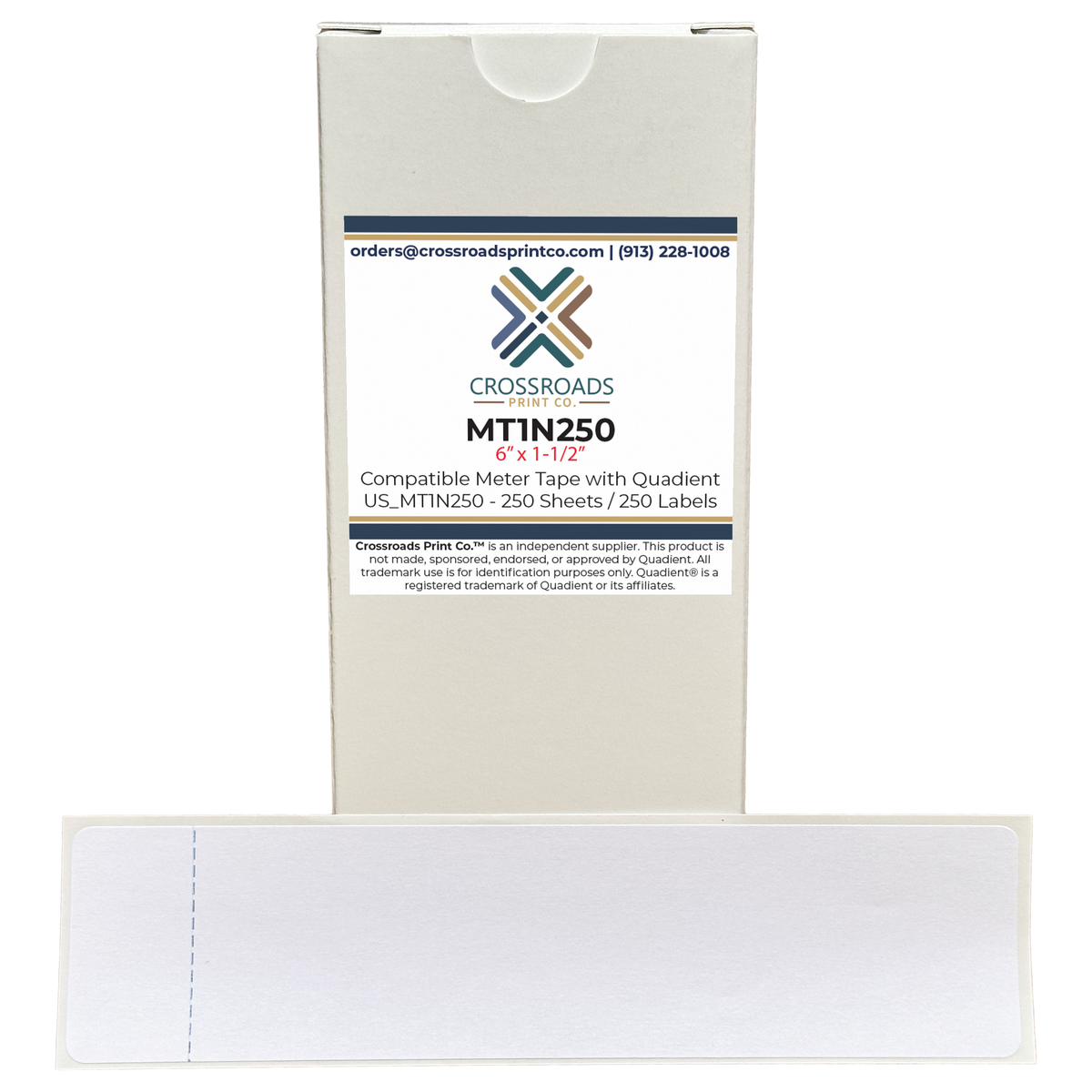 MT1N250 compatible Quadient postage meter tape labels, 250 pack, 6 x 1.5 inch self-adhesive labels by Crossroads Print Co.