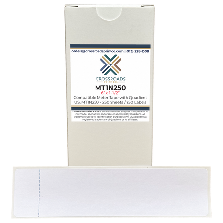 MT1N250 compatible Quadient postage meter tape labels, 250 pack, 6 x 1.5 inch self-adhesive labels by Crossroads Print Co.
