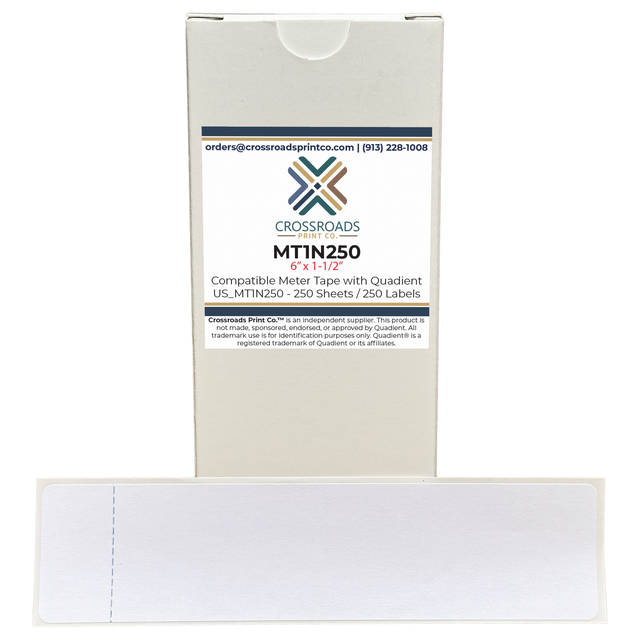 MT1N250 compatible Quadient postage meter tape labels, 250 pack, 6 x 1.5 inch self-adhesive labels by Crossroads Print Co.