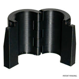Open hinged adapter showing how it fits around a wire shelving pole.
