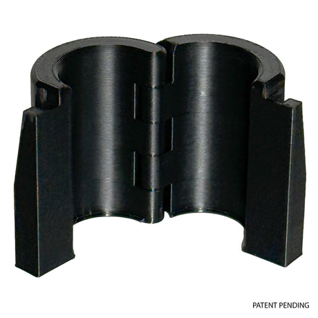 Open hinged adapter showing how it fits around a wire shelving pole.
