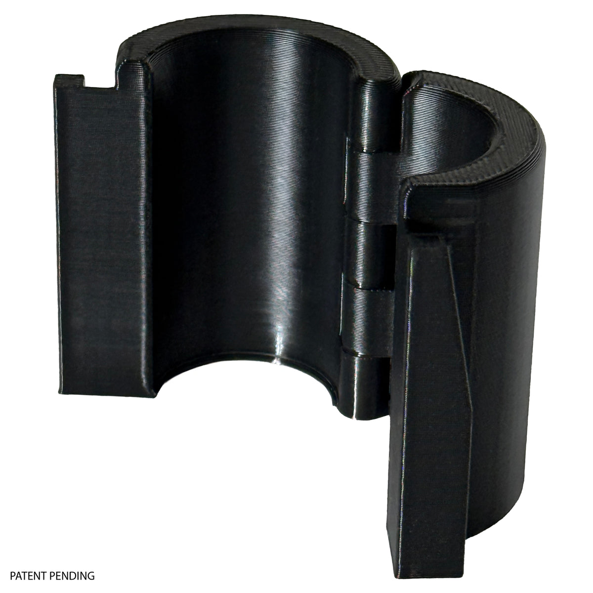 Open hinged adapter showing how it fits around a wire shelving pole.