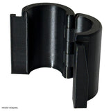 Open hinged adapter showing how it fits around a wire shelving pole.