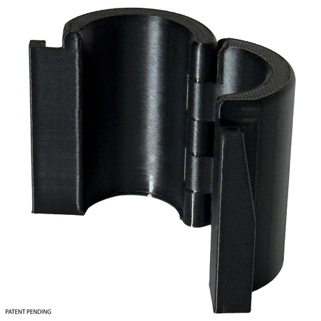 Open hinged adapter showing how it fits around a wire shelving pole.
