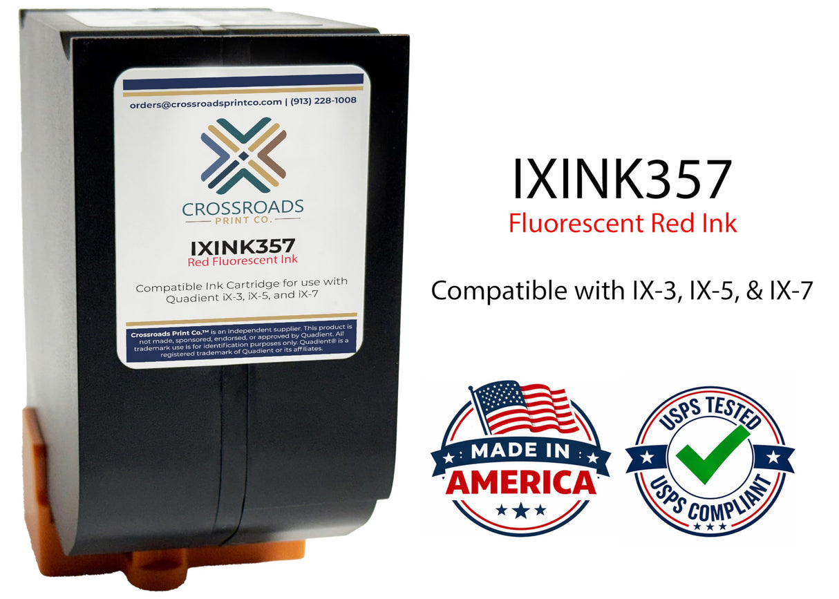 Crossroads Print Co. IXINK357 Compatible Ink Cartridge for Quadient iX-3, iX-5, iX-7 & iX-7 Pro Postage Meter | USPS Compliant Fluorescent Red Ink | Made in USA